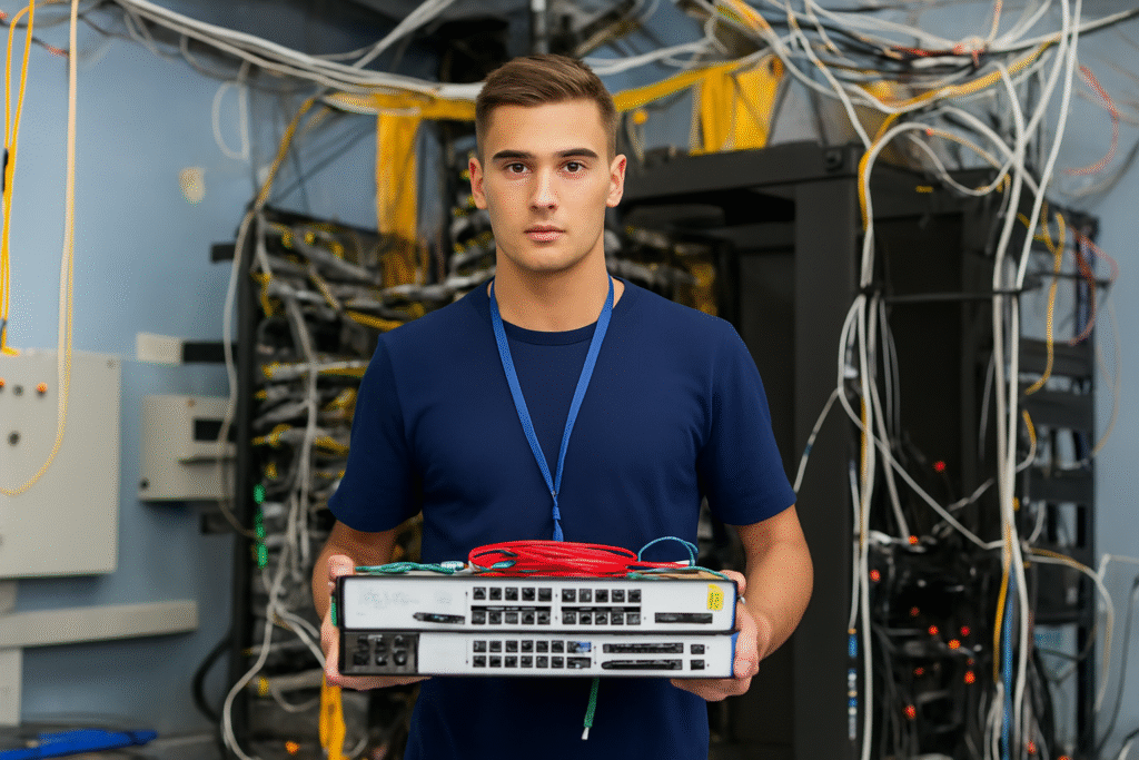 Technician handling printer and device setup